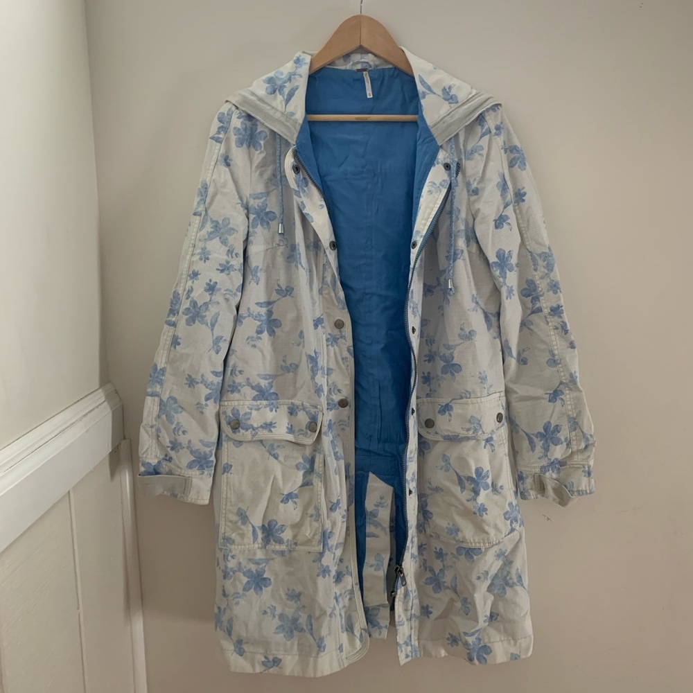 🌼 Free People Hooded Blue White Floral Print Long Spring Jacket Coat 🌼